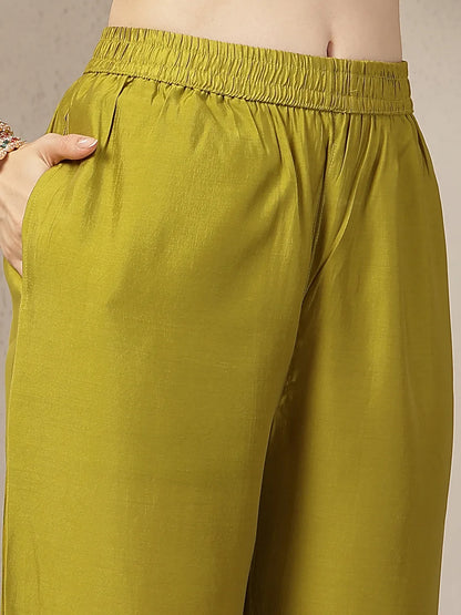 Lime Green Mul Chanderi Embroidery A-Line Kurta Trouser Dupatta Set