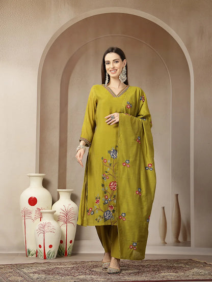 Lime Green Mul Chanderi Embroidery A-Line Kurta Trouser Dupatta Set