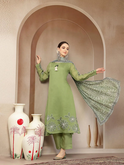 Green Mul Chanderi Silk Keyhole Neck A-Line Kurta Trouser Dupatta Set