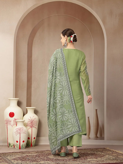 Green Mul Chanderi Silk Keyhole Neck A-Line Kurta Trouser Dupatta Set