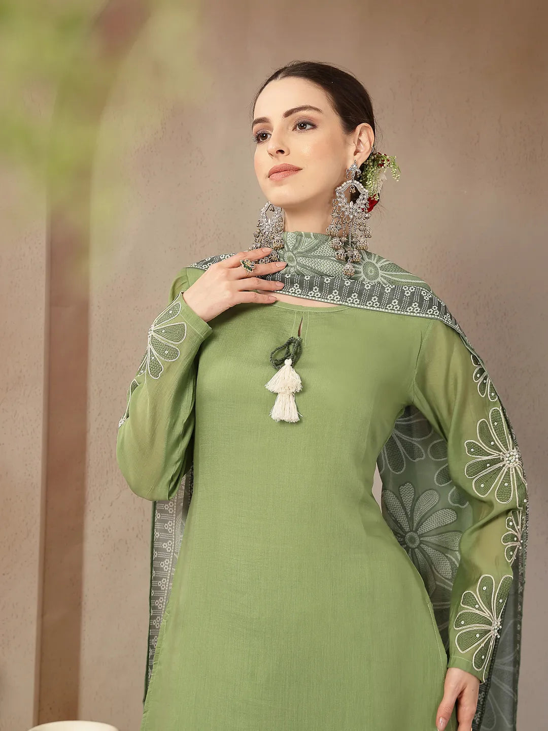 Green Mul Chanderi Silk Keyhole Neck A-Line Kurta Trouser Dupatta Set