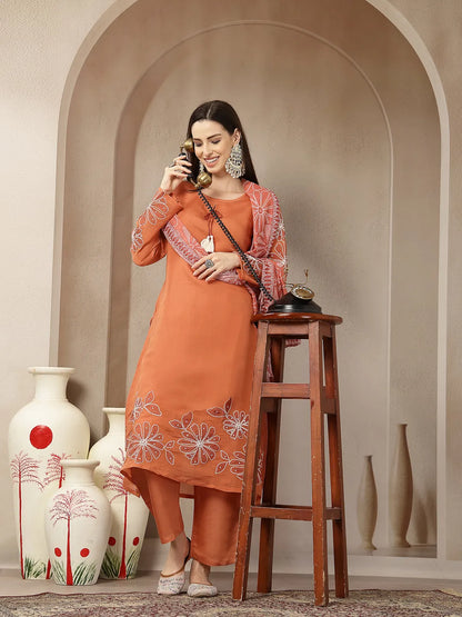 Rust Mul Chanderi Silk Keyhole Neck A-Line Kurta Trouser Dupatta Set