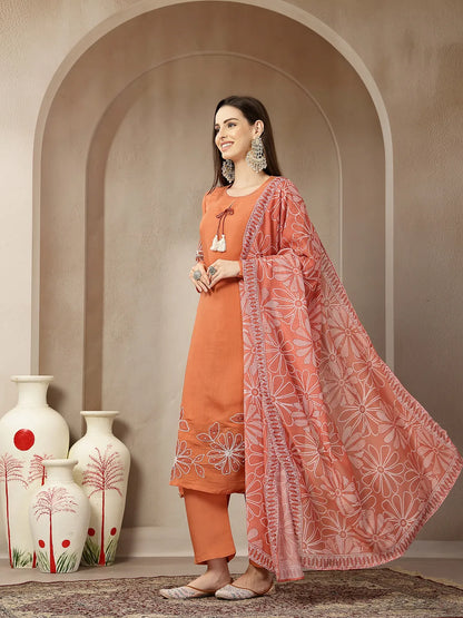 Rust Mul Chanderi Silk Keyhole Neck A-Line Kurta Trouser Dupatta Set