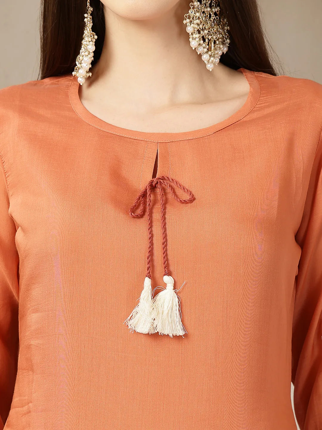 Rust Mul Chanderi Silk Keyhole Neck A-Line Kurta Trouser Dupatta Set