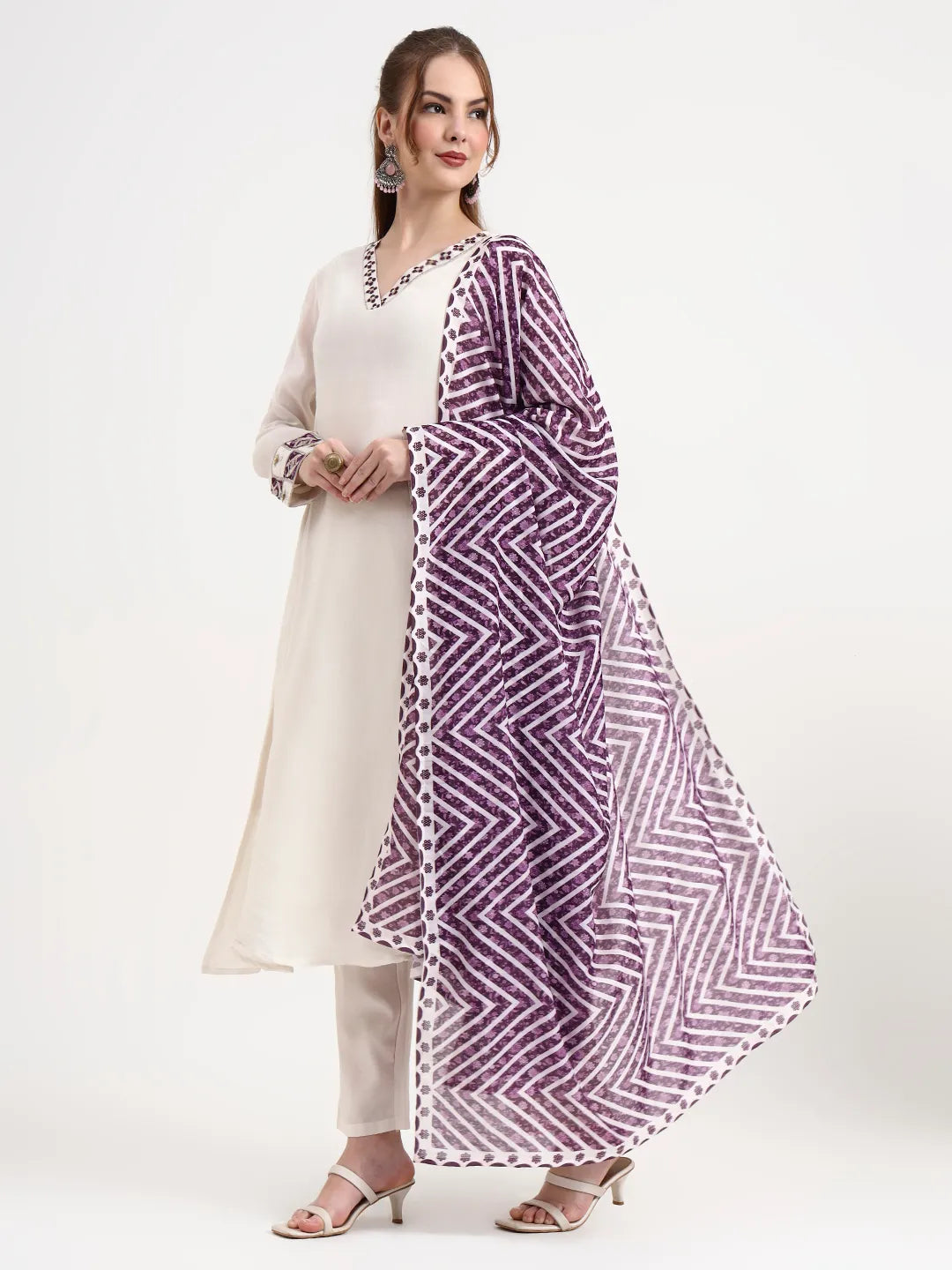 Purple And Off White Mul Chanderi Silk Anarkali Kurta Trouser Dupatta Set