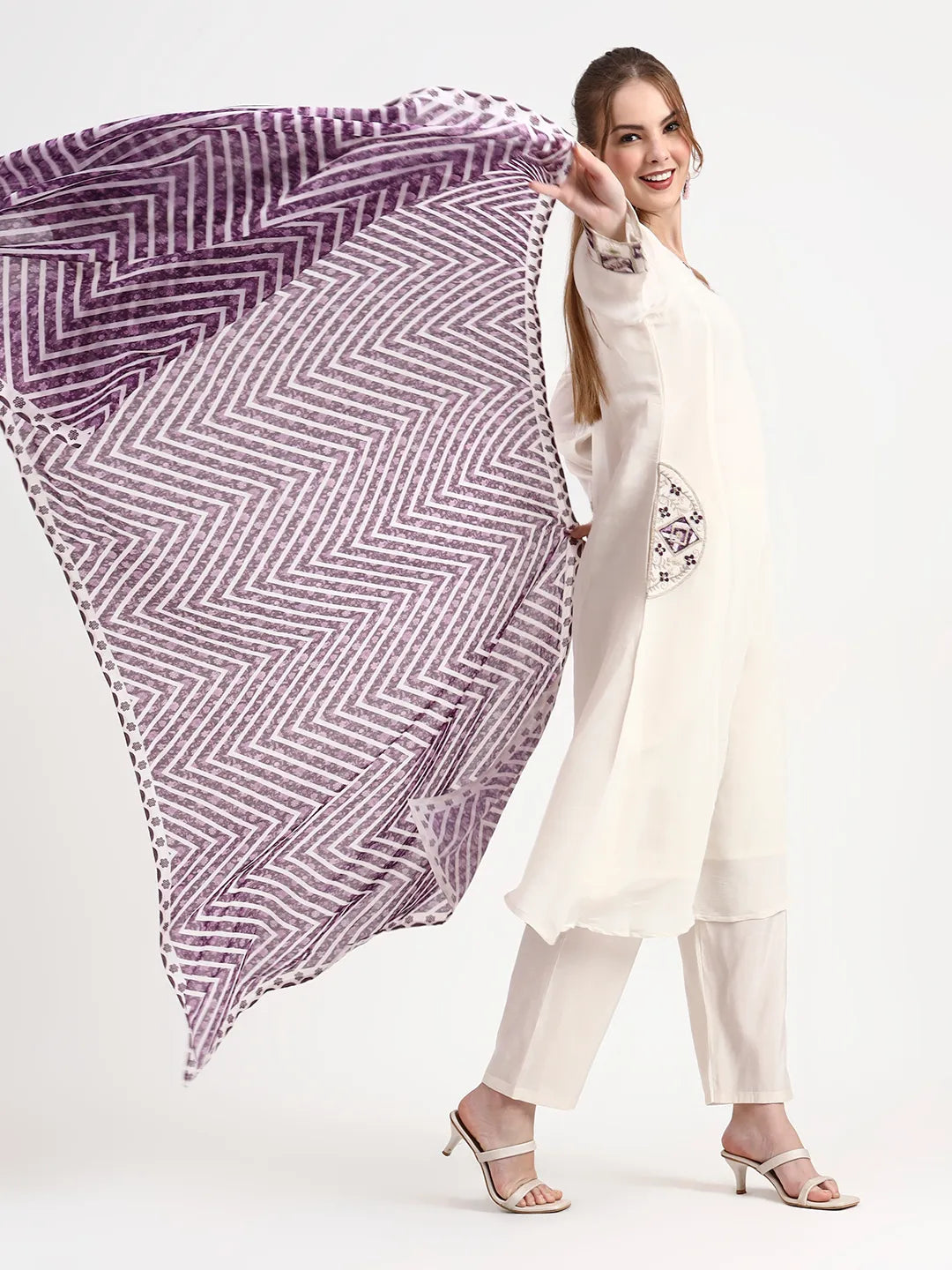 Purple And Off White Mul Chanderi Silk Anarkali Kurta Trouser Dupatta Set