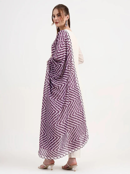 Purple And Off White Mul Chanderi Silk Anarkali Kurta Trouser Dupatta Set