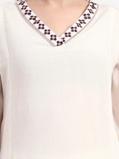 Purple And Off White Mul Chanderi Silk Anarkali Kurta Trouser Dupatta Set