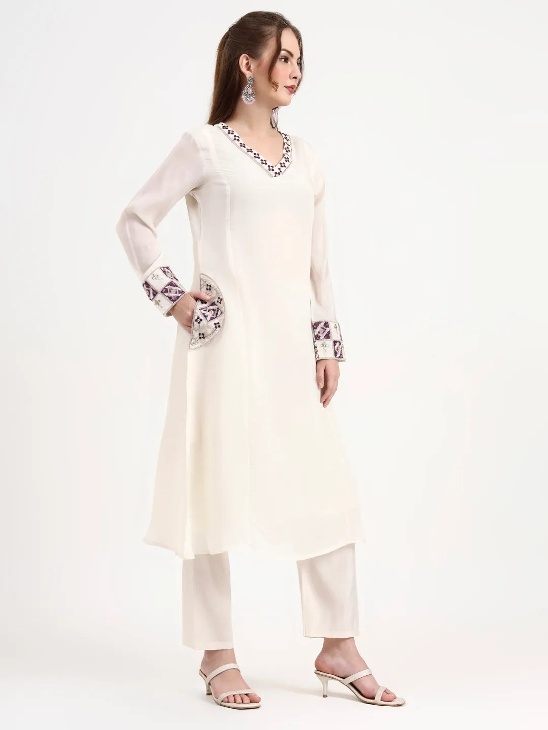 Purple And Off White Mul Chanderi Silk Anarkali Kurta Trouser Dupatta Set