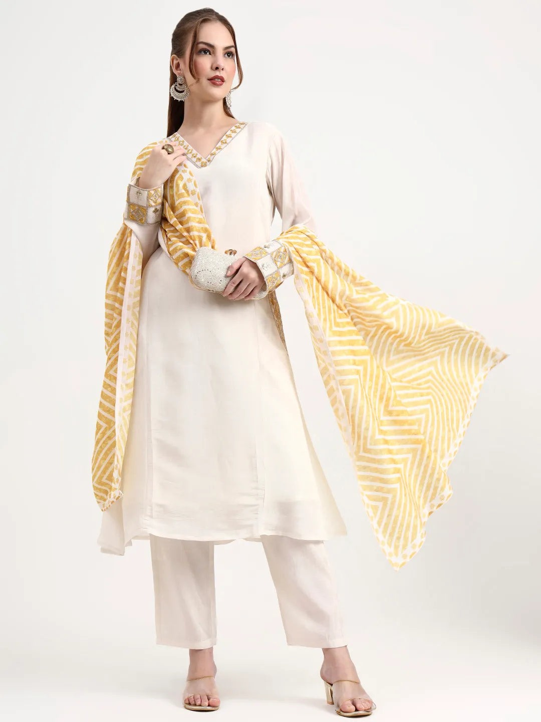 Mustard Yellow And Off White Mul Chanderi Silk Anarkali Kurta Trouser Dupatta Set