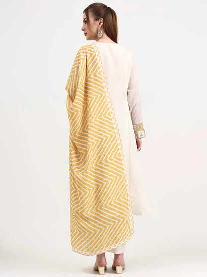 Mustard Yellow And Off White Mul Chanderi Silk Anarkali Kurta Trouser Dupatta Set