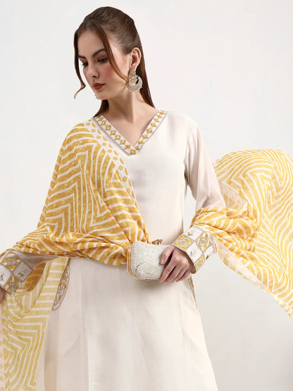 Mustard Yellow And Off White Mul Chanderi Silk Anarkali Kurta Trouser Dupatta Set