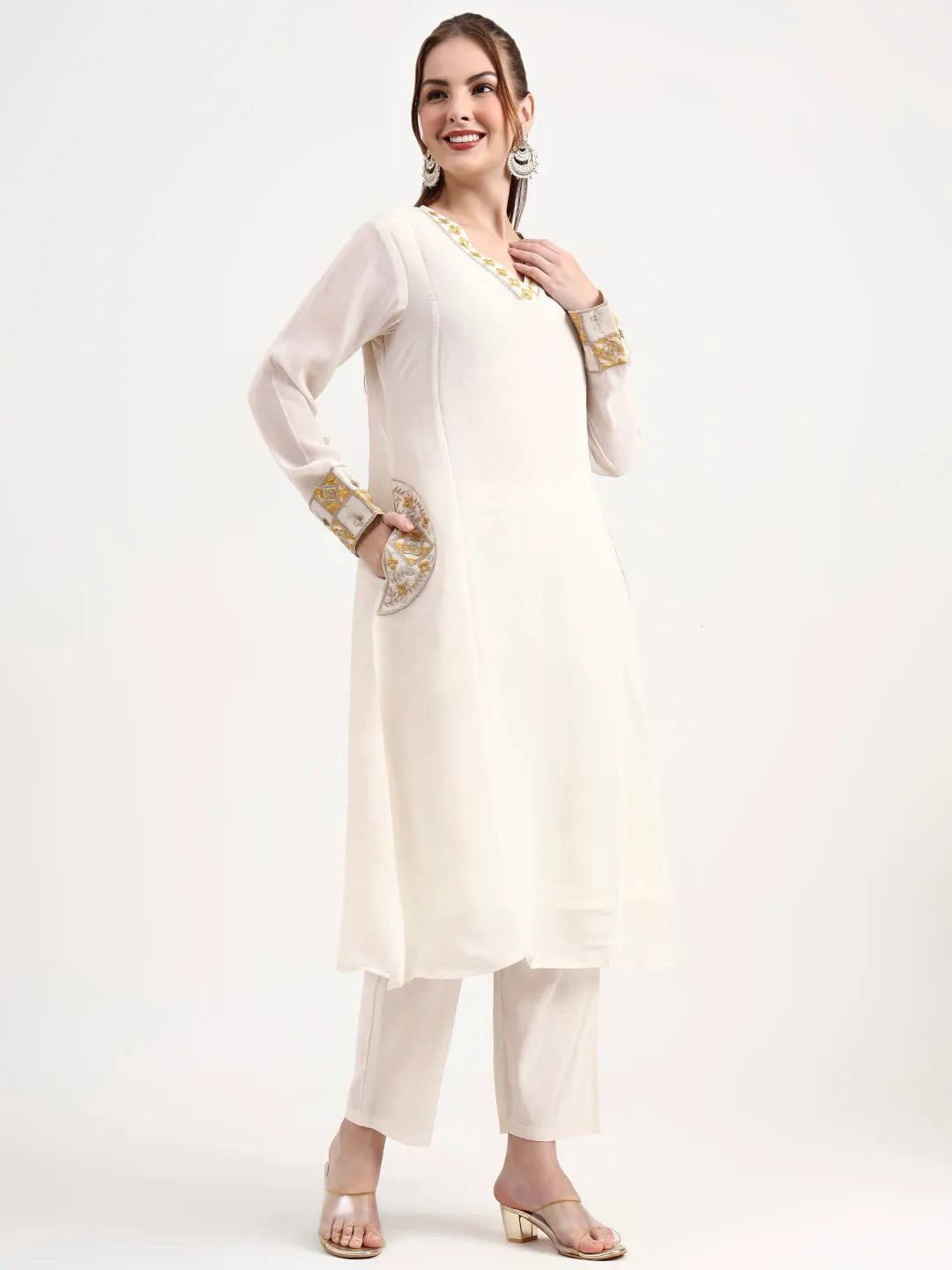 Mustard Yellow And Off White Mul Chanderi Silk Anarkali Kurta Trouser Dupatta Set