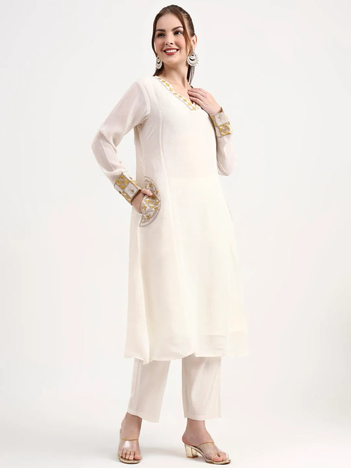 Mustard Yellow And Off White Mul Chanderi Silk Anarkali Kurta Trouser Dupatta Set