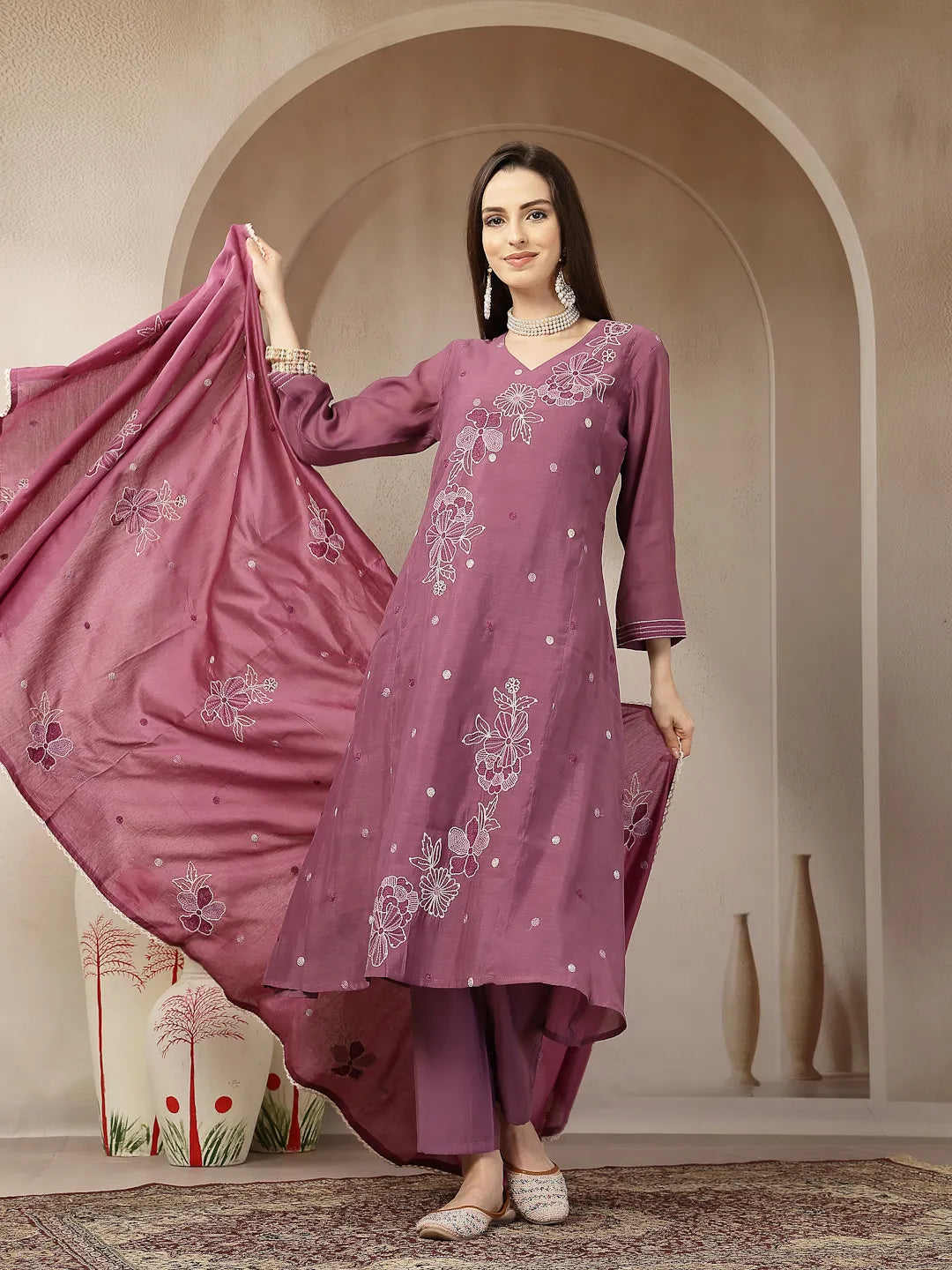 Purple Mul Chanderi Kantha Work Kurta Dupatta Pant Set