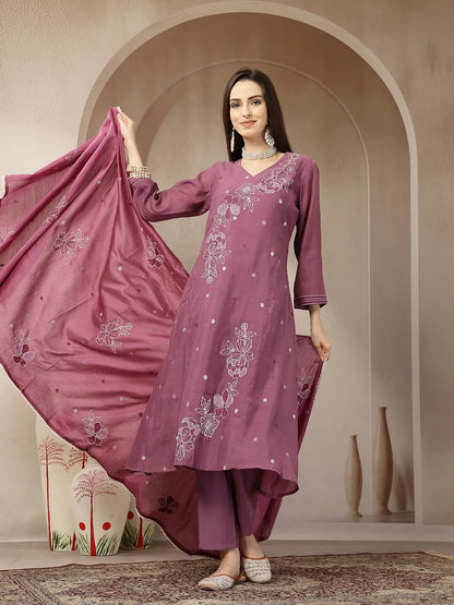 Purple Mul Chanderi Kantha Work Kurta Dupatta Pant Set