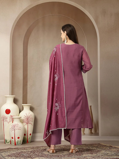 Purple Mul Chanderi Kantha Work Kurta Dupatta Pant Set