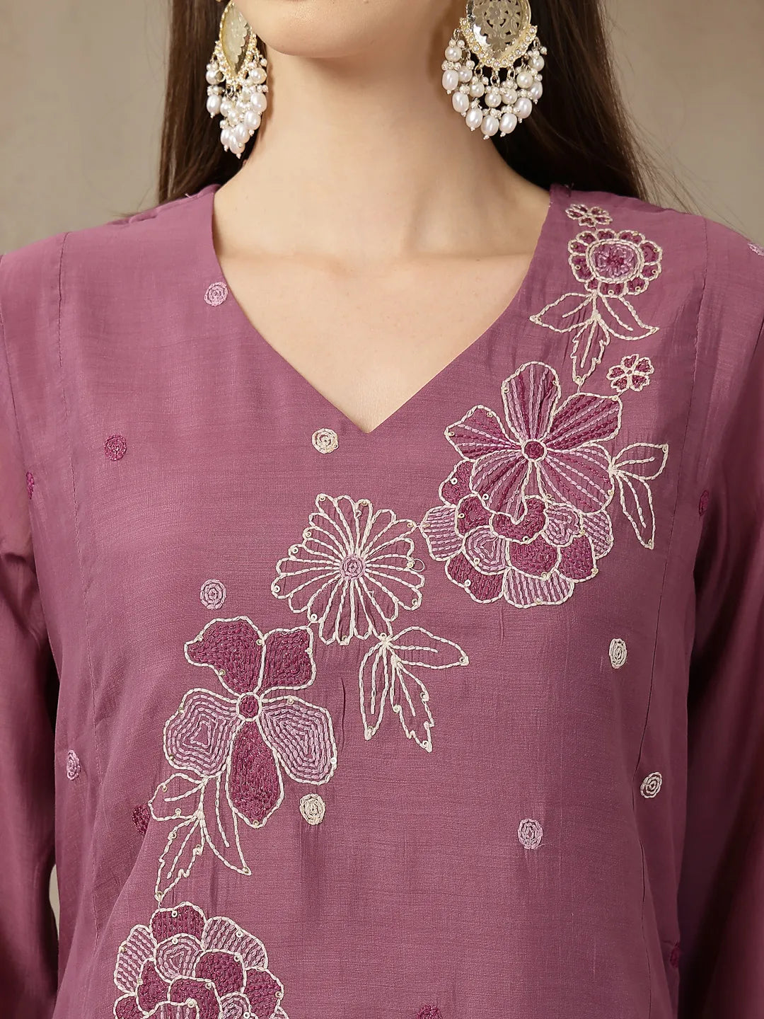 Purple Mul Chanderi Kantha Work Kurta Dupatta Pant Set