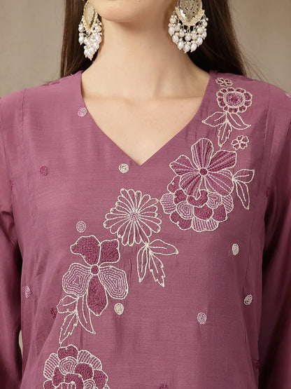 Purple Mul Chanderi Kantha Work Kurta Dupatta Pant Set