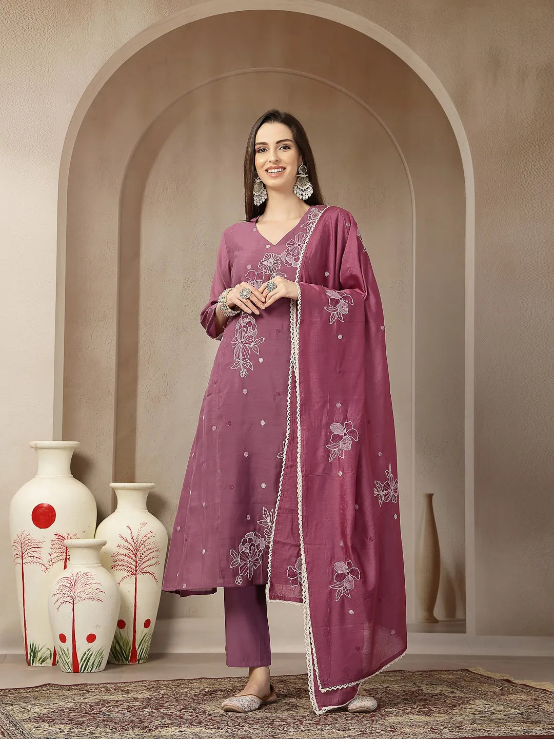 Purple Mul Chanderi Kantha Work Kurta Dupatta Pant Set