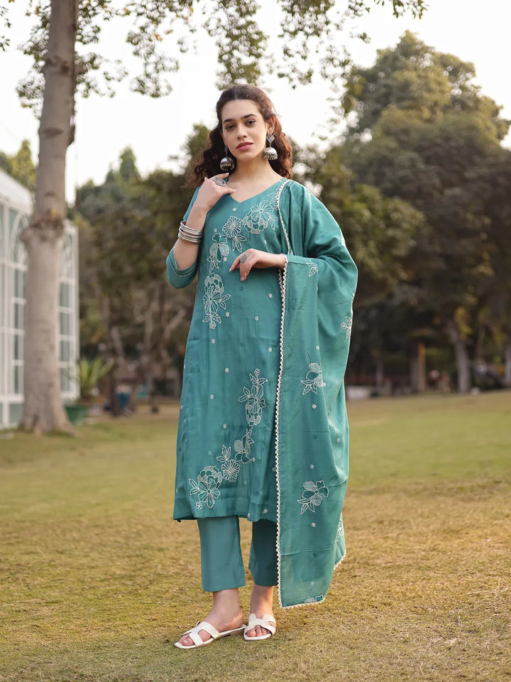 Turquoise Blue Mul Chanderi Kantha Work Kurta Dupatta Pant Set