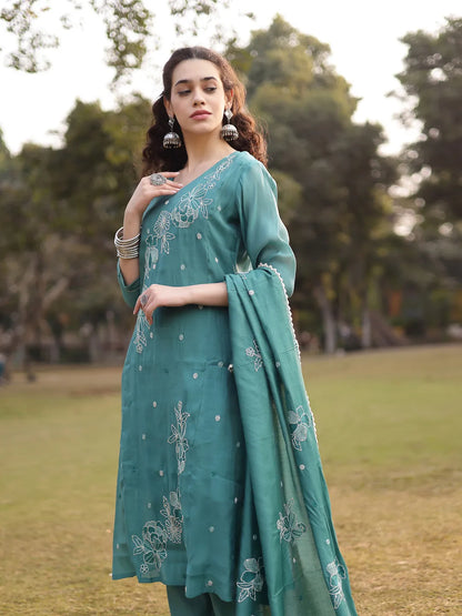 Turquoise Blue Mul Chanderi Kantha Work Kurta Dupatta Pant Set