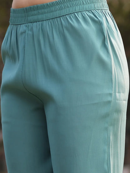 Turquoise Blue Mul Chanderi Kantha Work Kurta Dupatta Pant Set