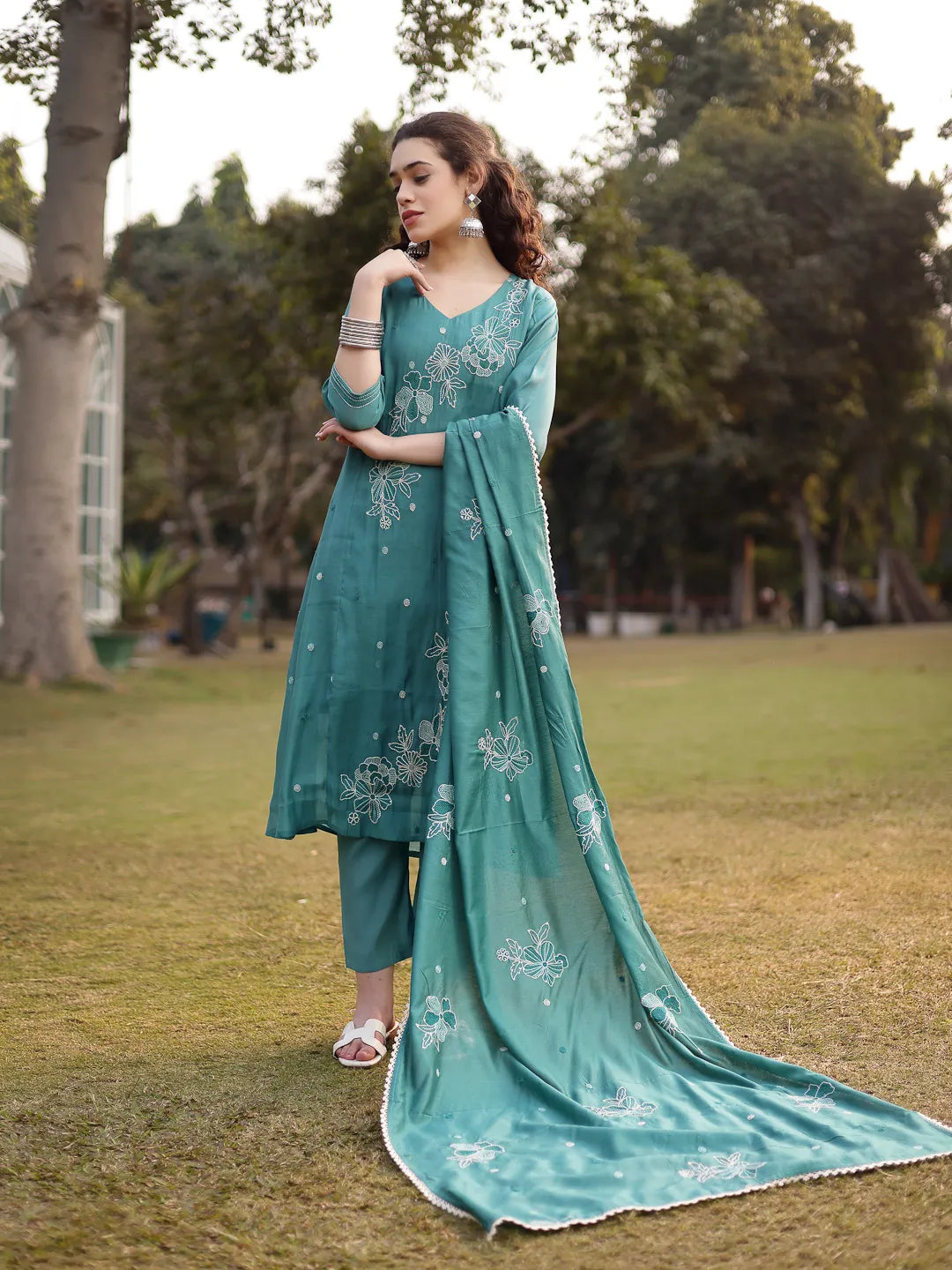 Turquoise Blue Mul Chanderi Kantha Work Kurta Dupatta Pant Set