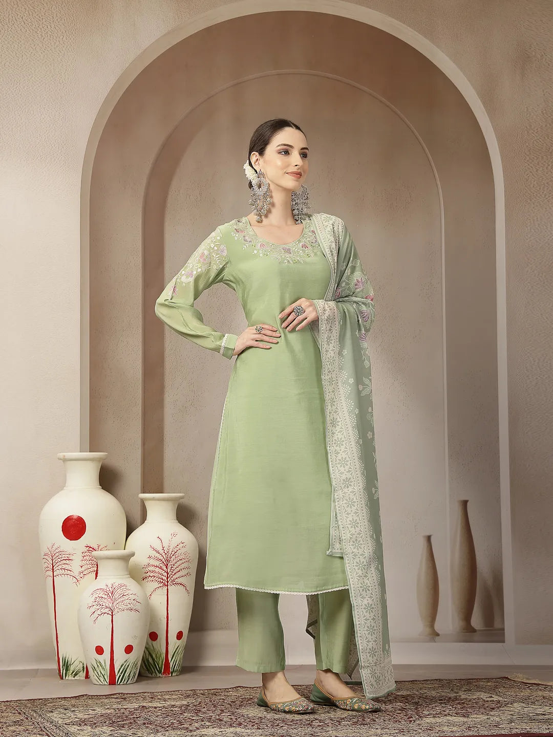 Green Mul Chanderi Silk Embroidery A-Line Kurta Trouser Dupatta Set