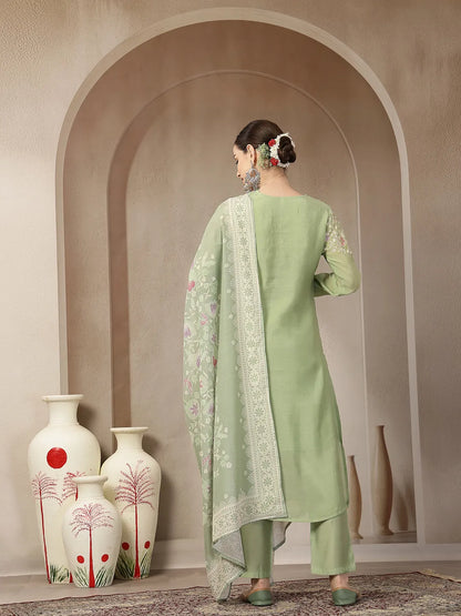 Green Mul Chanderi Silk Embroidery A-Line Kurta Trouser Dupatta Set