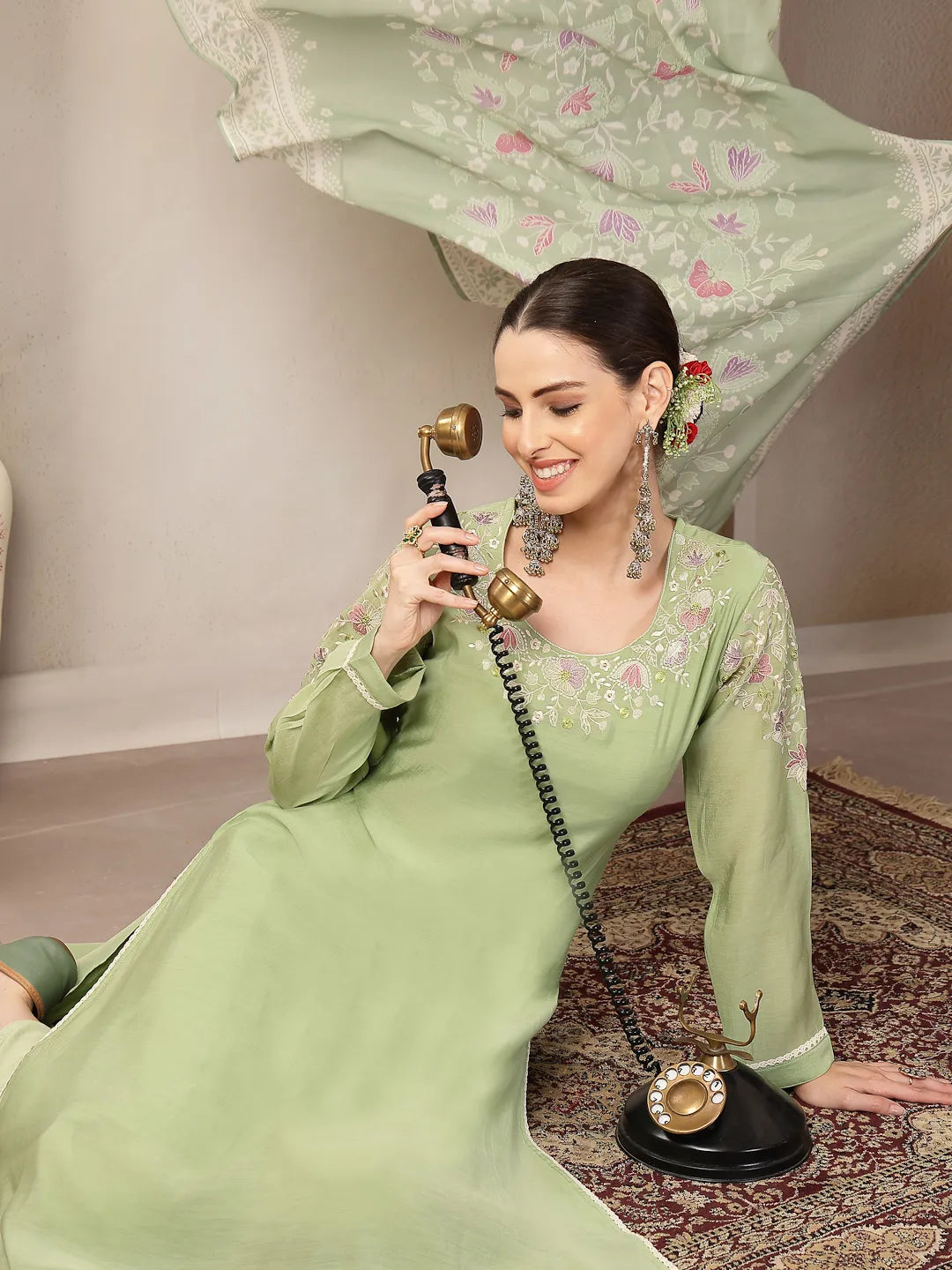 Green Mul Chanderi Silk Embroidery A-Line Kurta Trouser Dupatta Set