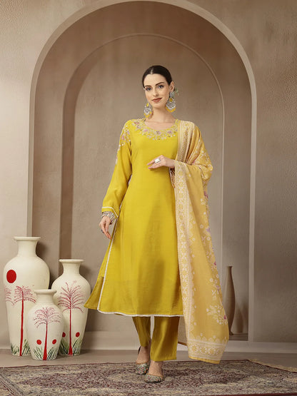 Mustard Yellow Mul Chanderi Silk Embroidery A-Line Kurta Trouser Dupatta Set