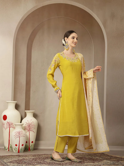 Mustard Yellow Mul Chanderi Silk Embroidery A-Line Kurta Trouser Dupatta Set