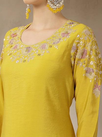 Mustard Yellow Mul Chanderi Silk Embroidery A-Line Kurta Trouser Dupatta Set