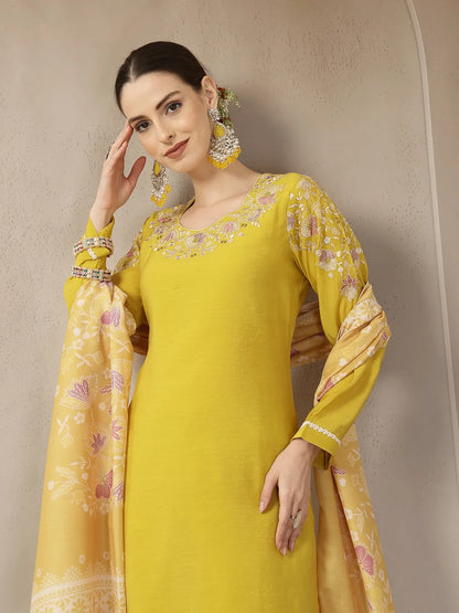 Mustard Yellow Mul Chanderi Silk Embroidery A-Line Kurta Trouser Dupatta Set