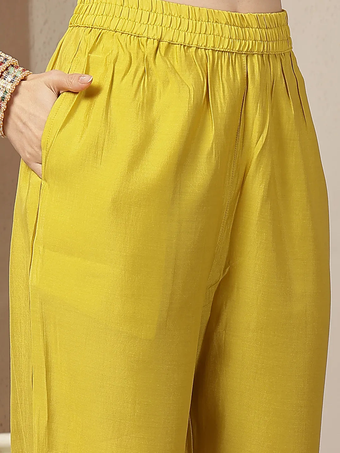 Mustard Yellow Mul Chanderi Silk Embroidery A-Line Kurta Trouser Dupatta Set