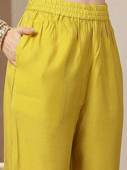 Mustard Yellow Mul Chanderi Silk Embroidery A-Line Kurta Trouser Dupatta Set