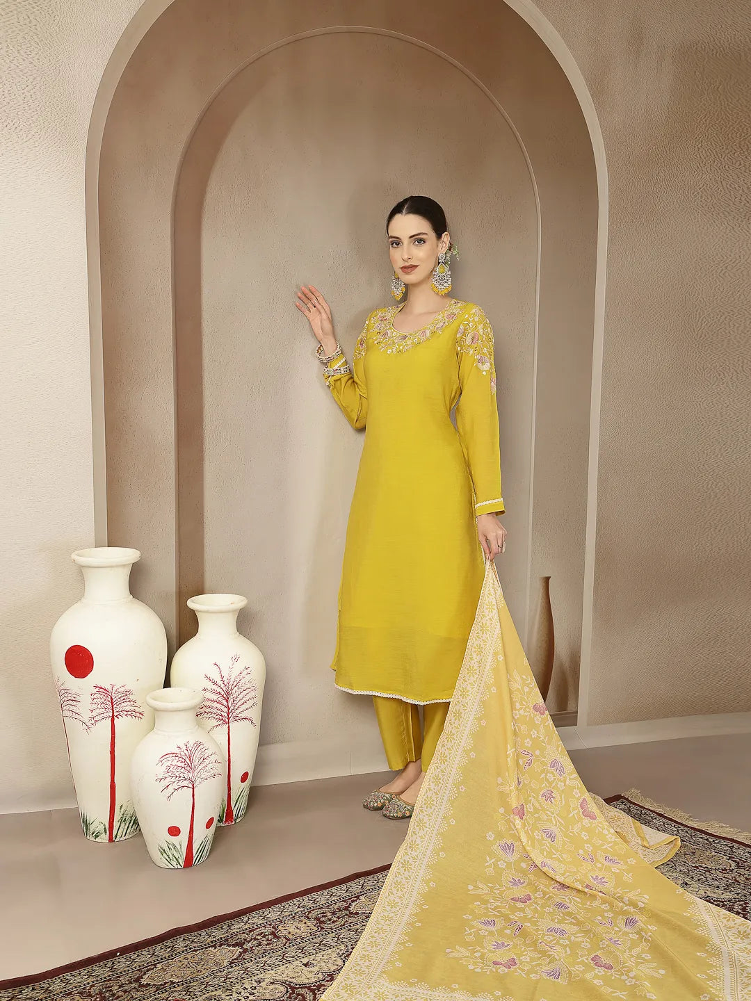 Mustard Yellow Mul Chanderi Silk Embroidery A-Line Kurta Trouser Dupatta Set