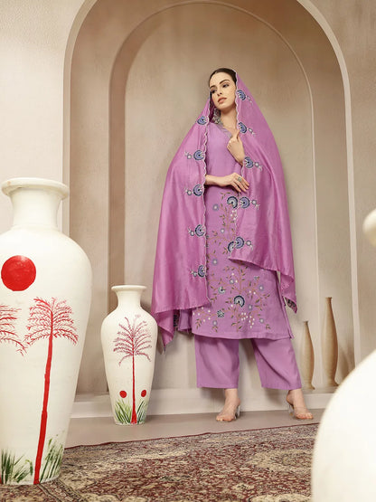 Lavender Mul Chanderi Silk Embroidery A-Line Kurta Palazzo Dupatta Set