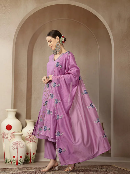Lavender Mul Chanderi Silk Embroidery A-Line Kurta Palazzo Dupatta Set