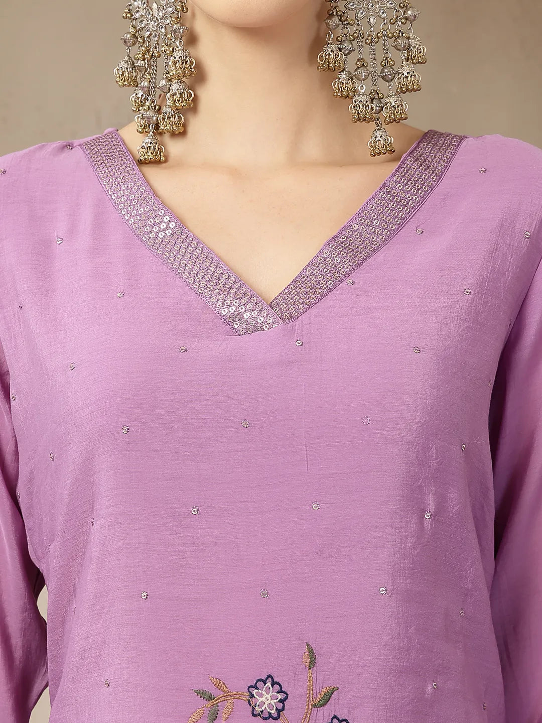 Lavender Mul Chanderi Silk Embroidery A-Line Kurta Palazzo Dupatta Set