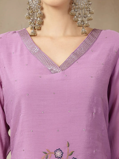 Lavender Mul Chanderi Silk Embroidery A-Line Kurta Palazzo Dupatta Set