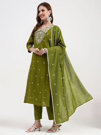 Lime Green Mul Chanderi Thread Work Sequins Work A-Line Kurta Trouser Dupatta Set