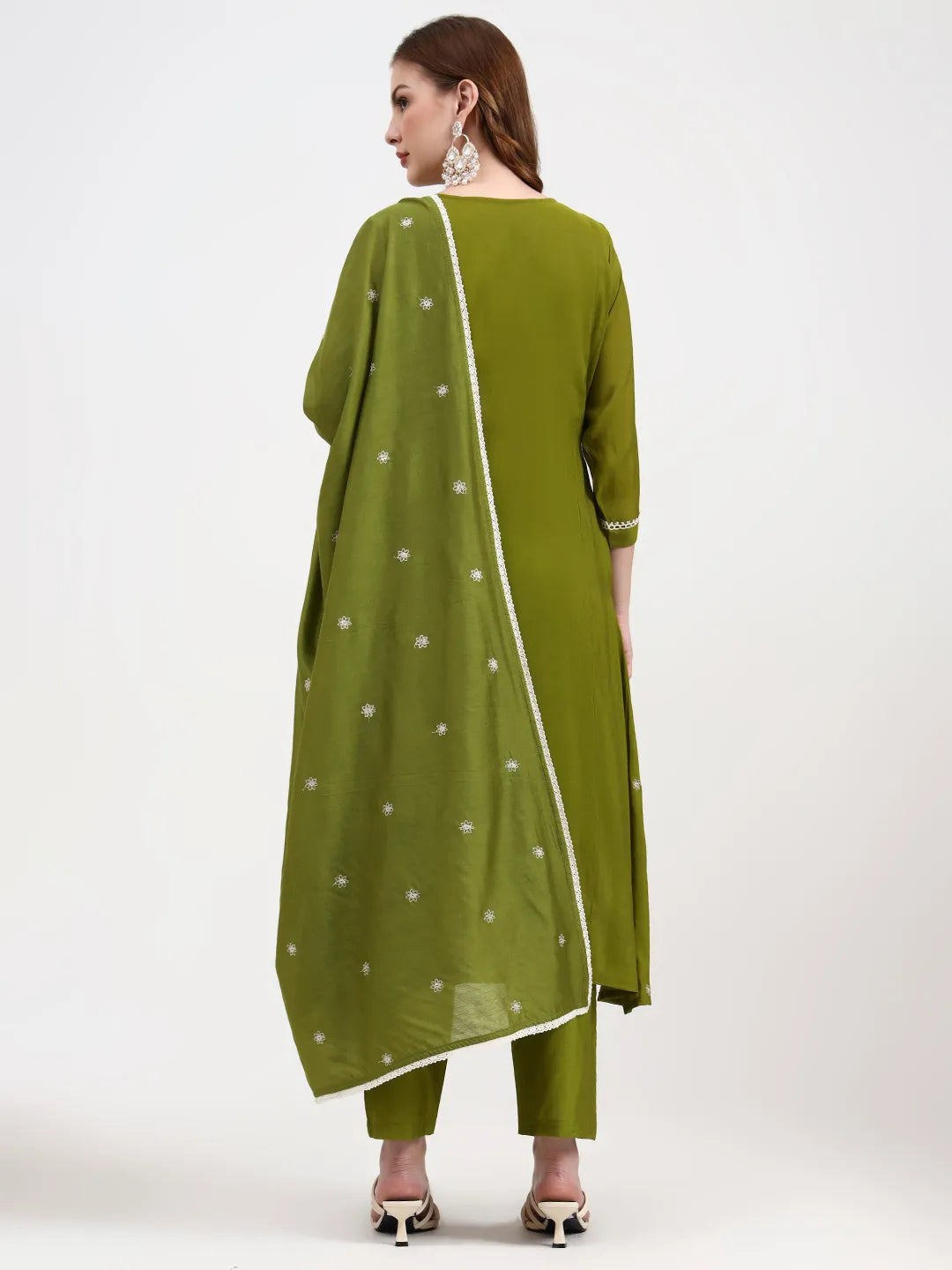 Lime Green Mul Chanderi Thread Work Sequins Work A-Line Kurta Trouser Dupatta Set