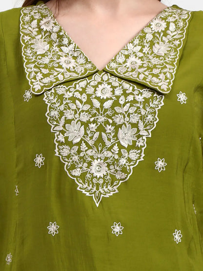 Lime Green Mul Chanderi Thread Work Sequins Work A-Line Kurta Trouser Dupatta Set