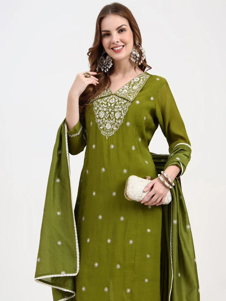 Lime Green Mul Chanderi Thread Work Sequins Work A-Line Kurta Trouser Dupatta Set