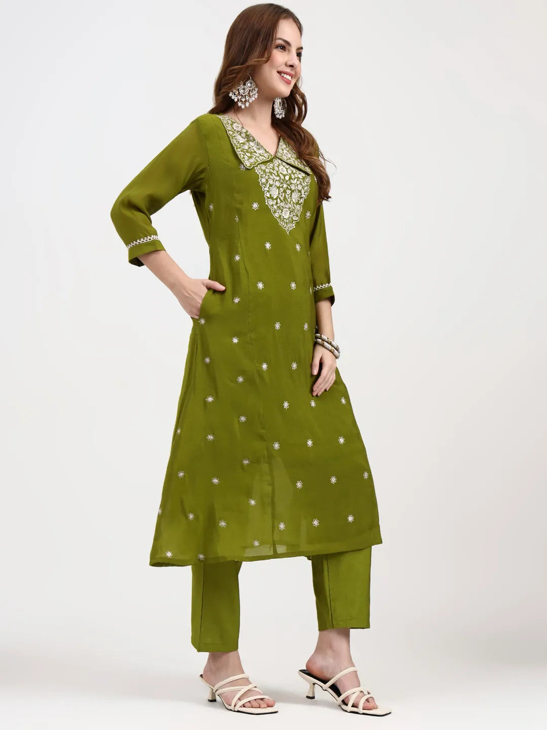 Lime Green Mul Chanderi Thread Work Sequins Work A-Line Kurta Trouser Dupatta Set