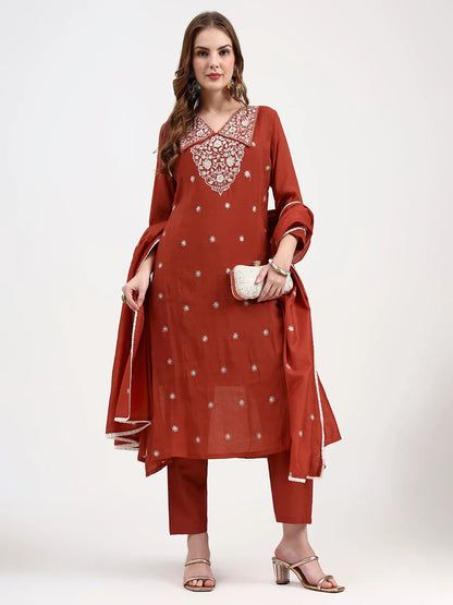 Rust Mul Chanderi Thread Work Sequins Work A-Line Kurta Trouser Dupatta Set