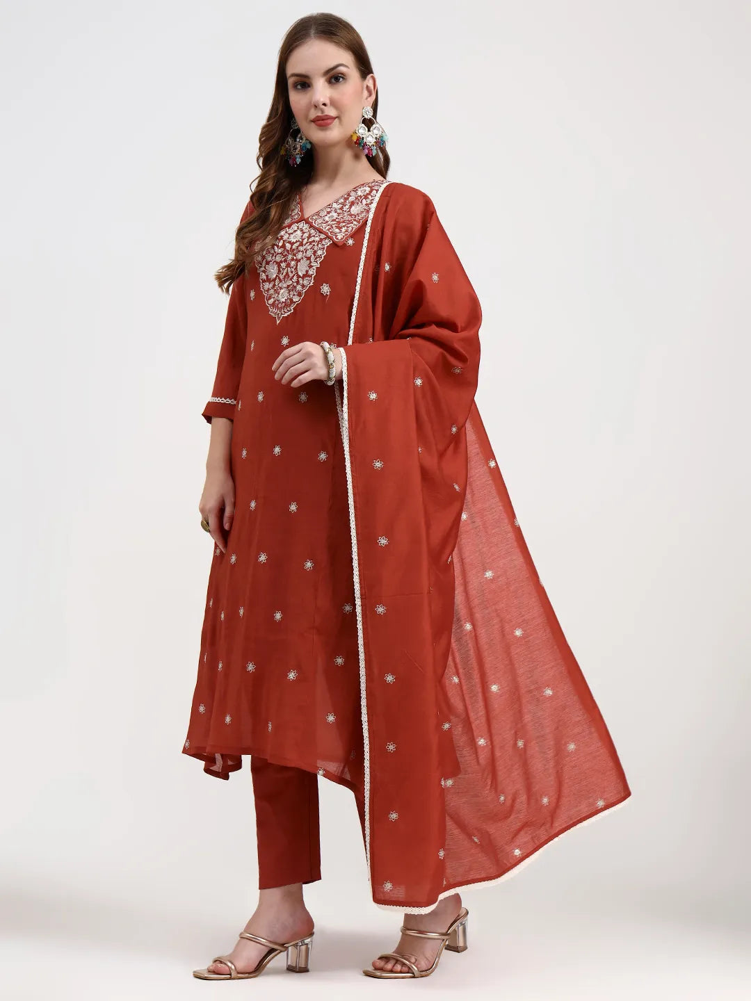 Rust Mul Chanderi Thread Work Sequins Work A-Line Kurta Trouser Dupatta Set