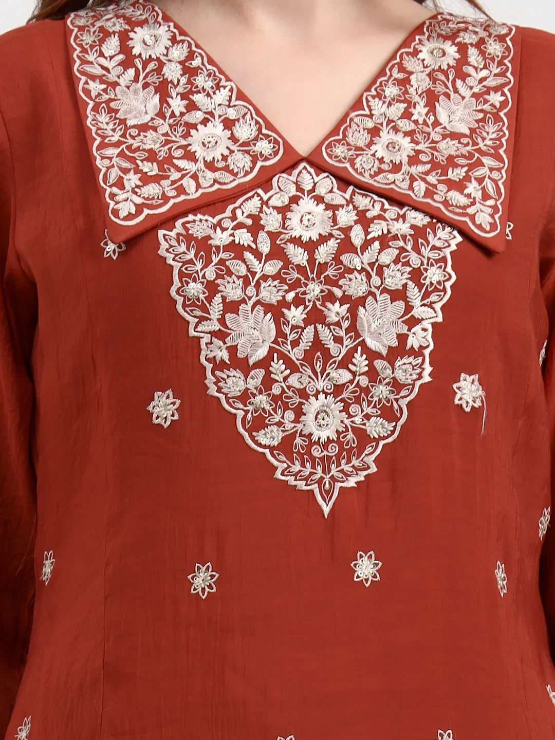 Rust Mul Chanderi Thread Work Sequins Work A-Line Kurta Trouser Dupatta Set